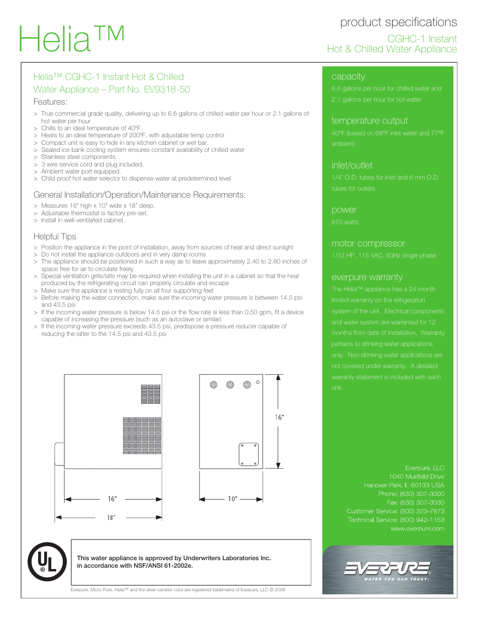 Helia, Product specifications, Cghc-1 instant hot & chilled water appliance | Everpure Helia CGHC-1 Instant User Manual | Page 2 / 2