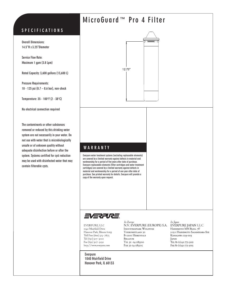 Microguard™ pro 4 filter, Replacement cartridge | Everpure MicroGuard Pro 4 Filter EV9637-02 User Manual | Page 2 / 2