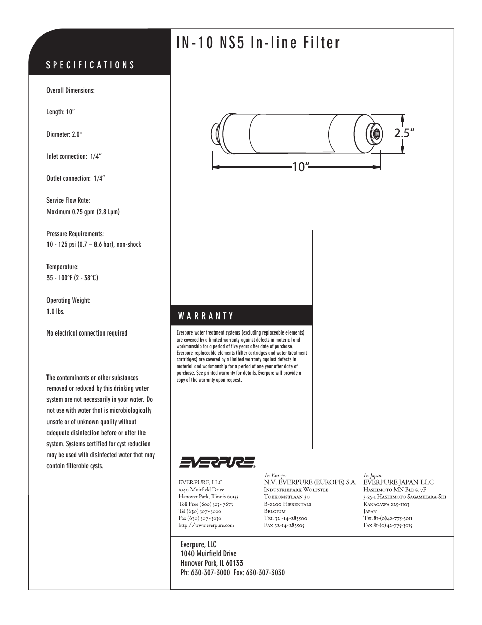In-10 ns5 in-line filter, In-line filter | Everpure In-line Filter IN-10 NS5 User Manual | Page 2 / 2