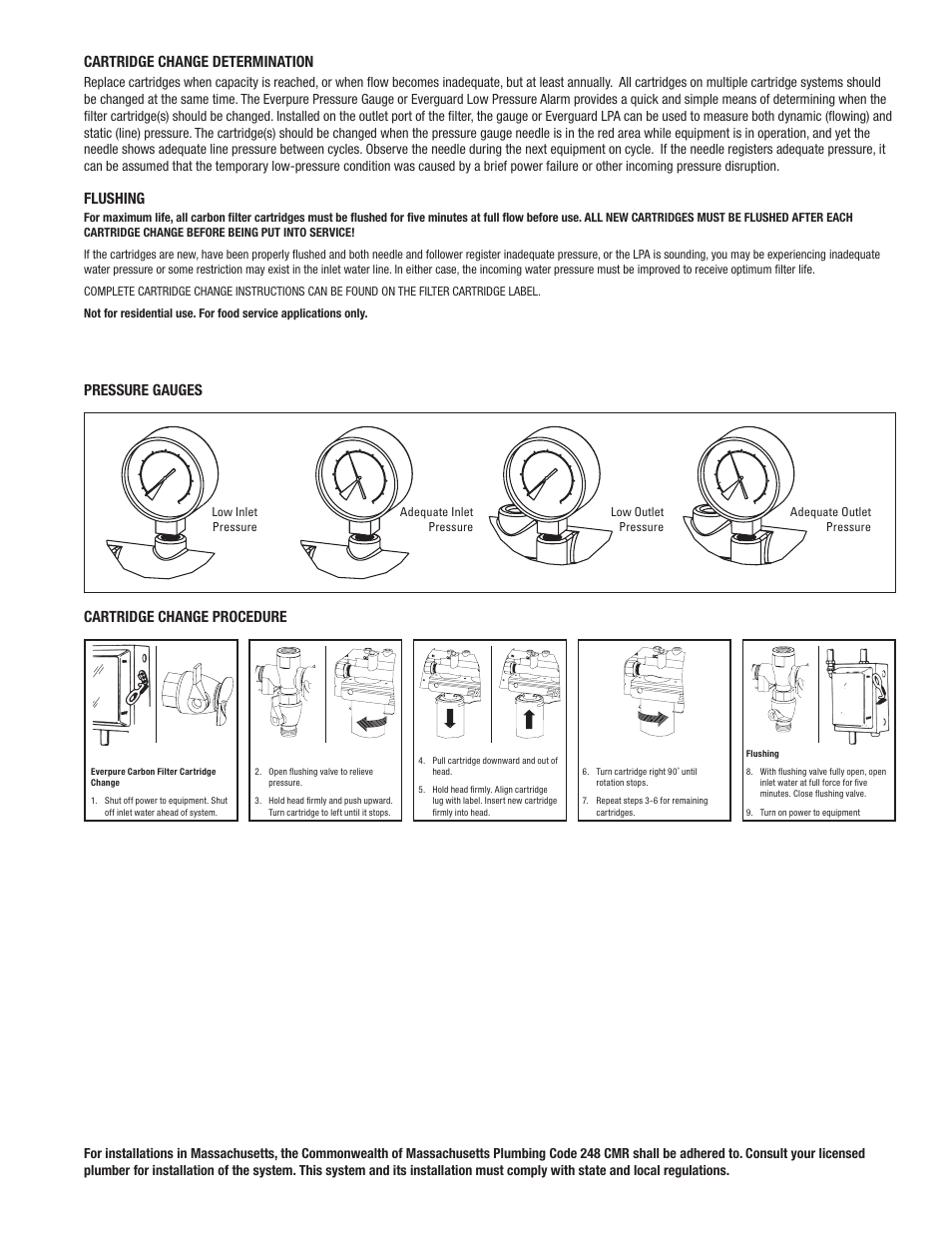 Cartridge change procedure, Pressure gauges, Cartridge change determination | Flushing | Everpure QC71 User Manual | Page 3 / 4