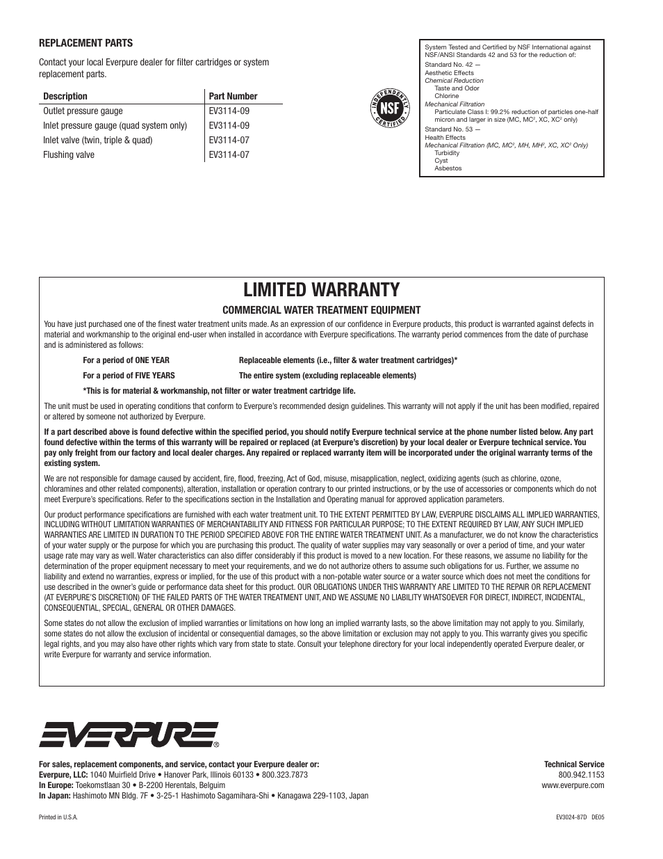 Limited warranty, Commercial water treatment equipment, Replacement parts | Everpure QC71 User Manual | Page 4 / 4