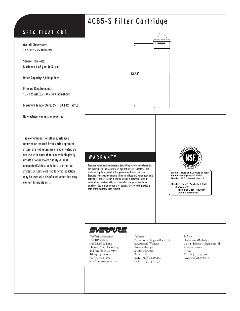 4cb5-s filter cartridge, Carbon block replacement cartridge | Everpure Filter Cartridge 4CB5-S User Manual | Page 2 / 2