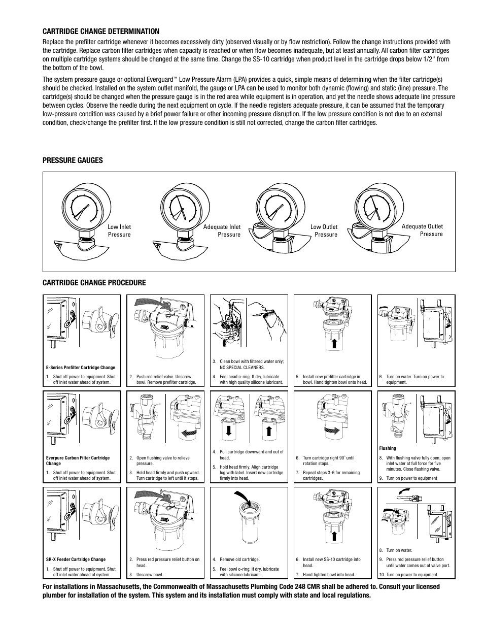 Cartridge change procedure, Pressure gauges, Cartridge change determination | Everpure MC User Manual | Page 3 / 4
