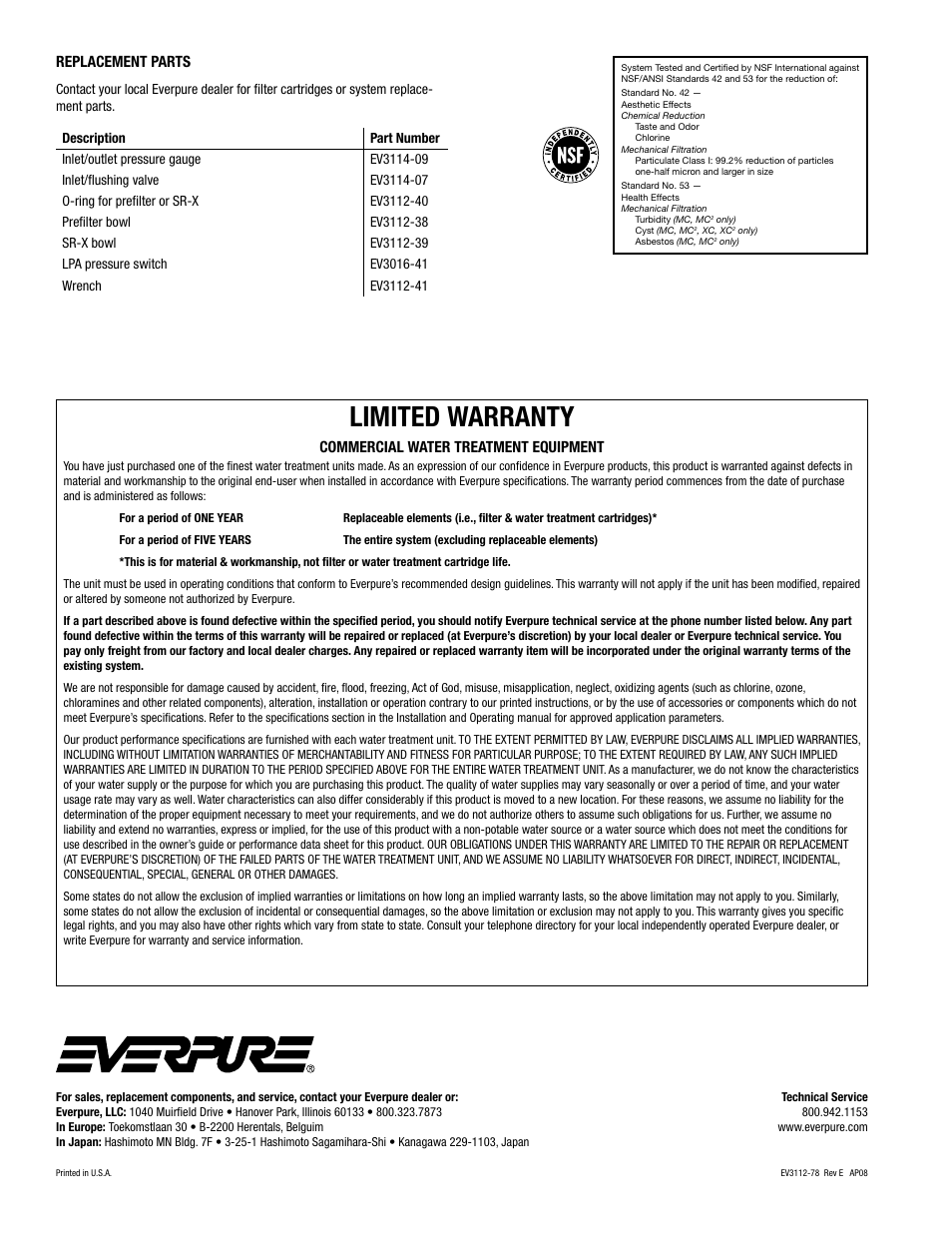 Limited warranty | Everpure MC User Manual | Page 4 / 4