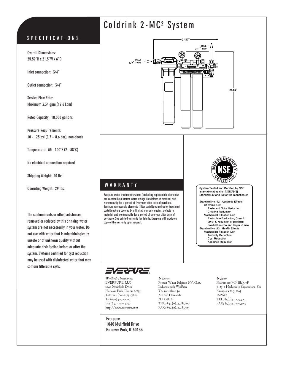 Coldrink 2-mc² system, Mc² precoat replacement catridge | Everpure Coldrink 1-MC2 System EV9612-56 User Manual | Page 2 / 2