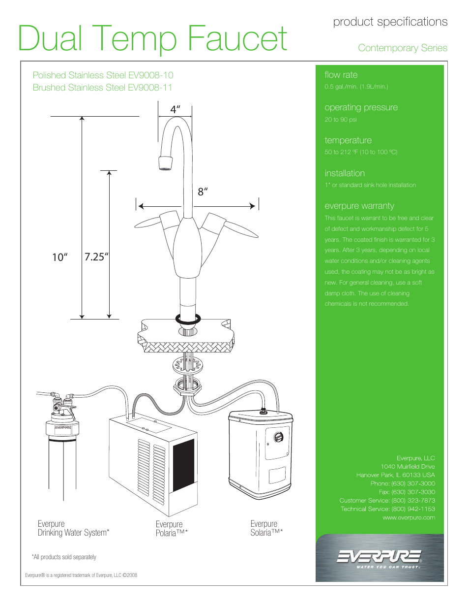 Dual temp faucet, Product specifications | Everpure EV9008-10 User Manual | Page 2 / 2