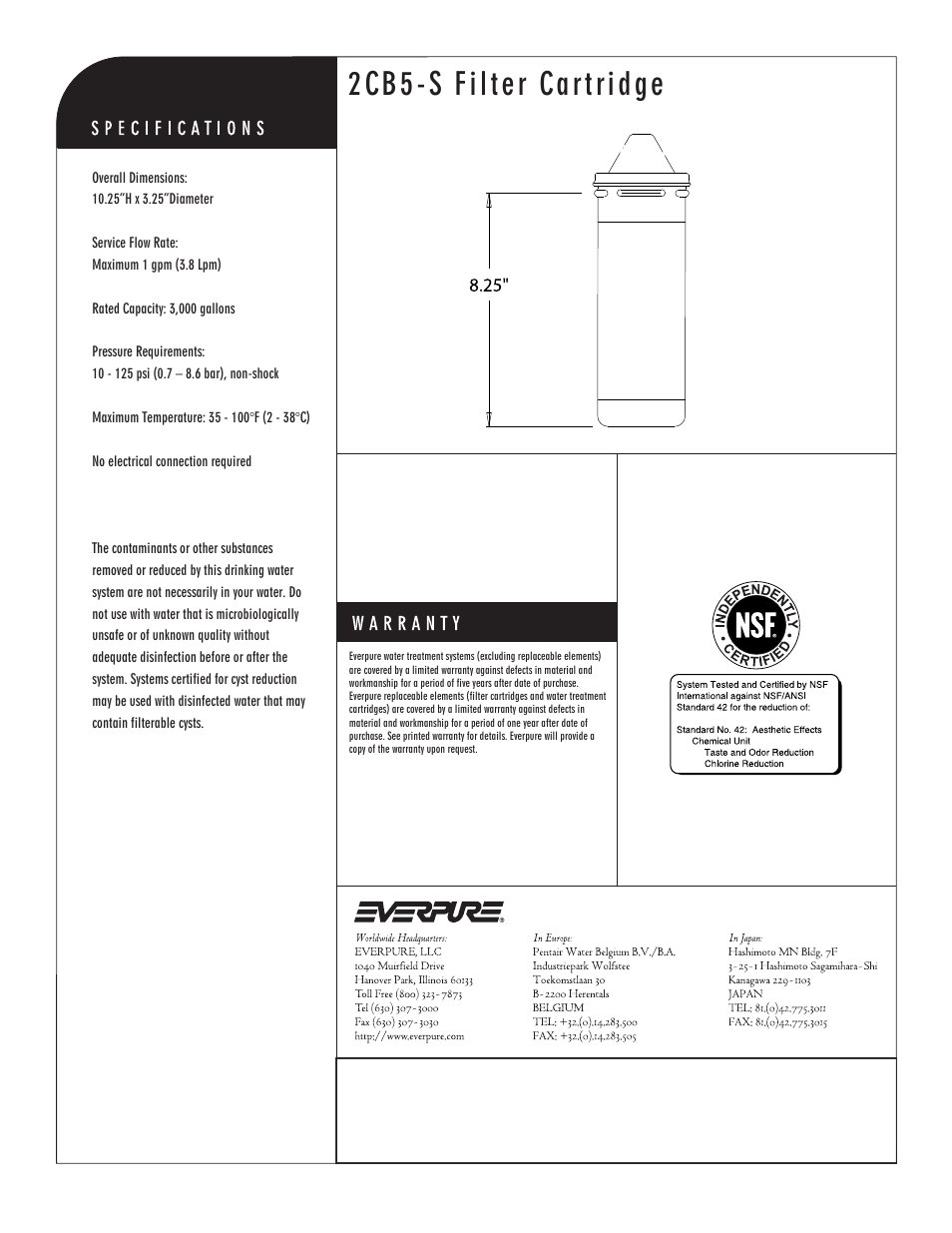 2cb5-s filter cartridge, Carbon block replacement cartridge | Everpure 2CB5-S Replacement Cartridge EV9617-22 User Manual | Page 2 / 2