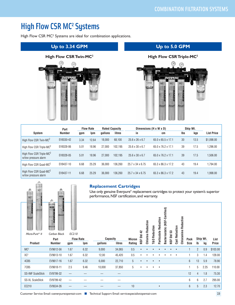 High flow csr mc, Systems, Combination filtration systems | High flow csr twin-mc, High flow csr triple-mc, Replacement cartridges, Use only genuine everpure, Systems are ideal for combination applications | Everpure QC7I Single-MH2 User Manual | Page 25 / 68