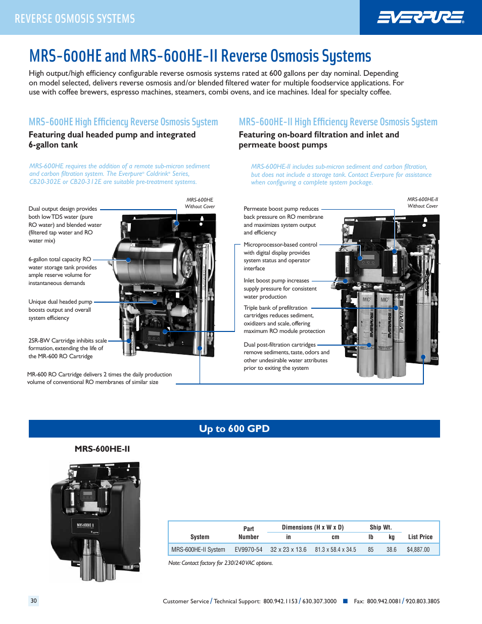 Reverse osmosis systems, Mrs-600he high efficiency reverse osmosis system, Up to 600 gpd | Everpure QC7I Single-MH2 User Manual | Page 32 / 68