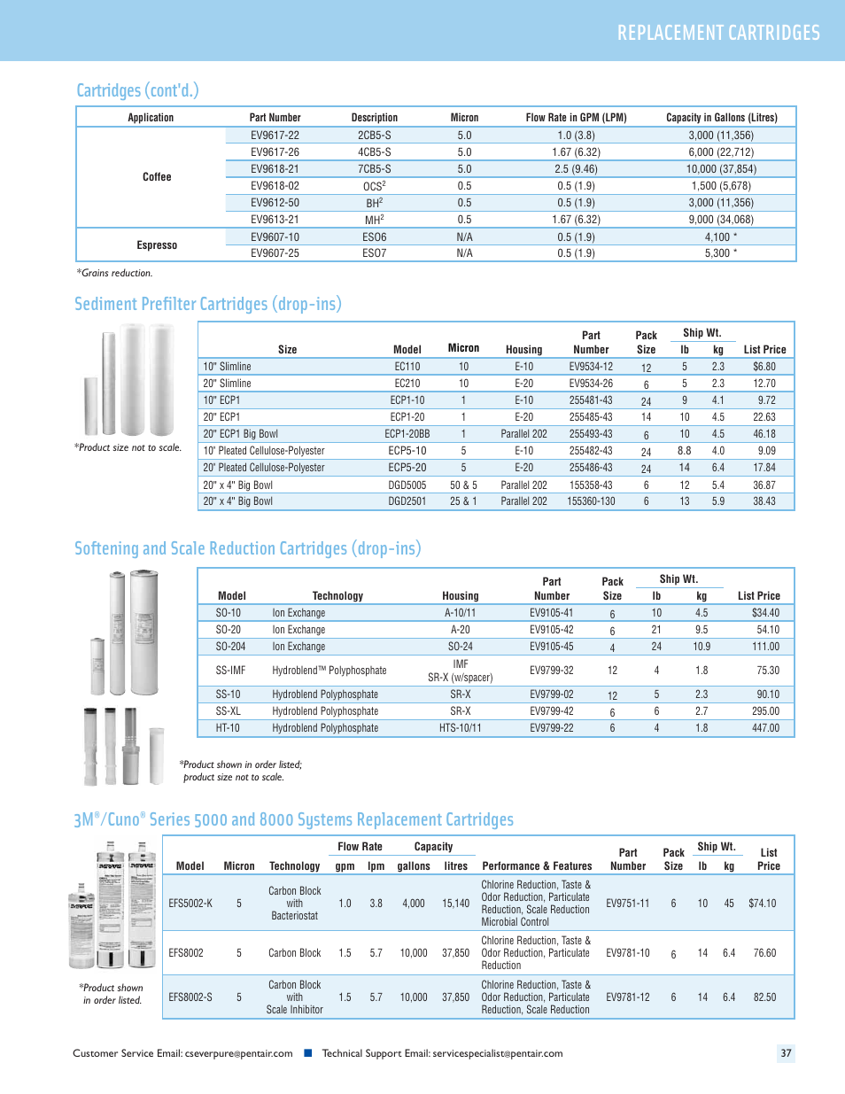 Replacement cartridges, Sediment prefilter cartridges (drop-ins), Cartridges (cont'd.) | Cuno | Everpure QC7I Single-MH2 User Manual | Page 39 / 68