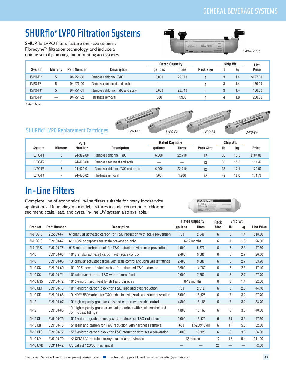 Lvpo filtration systems, In-line filters, General beverage systems | Shurflo, Lvpo replacement cartridges | Everpure QC7I Single-MH2 User Manual | Page 45 / 68
