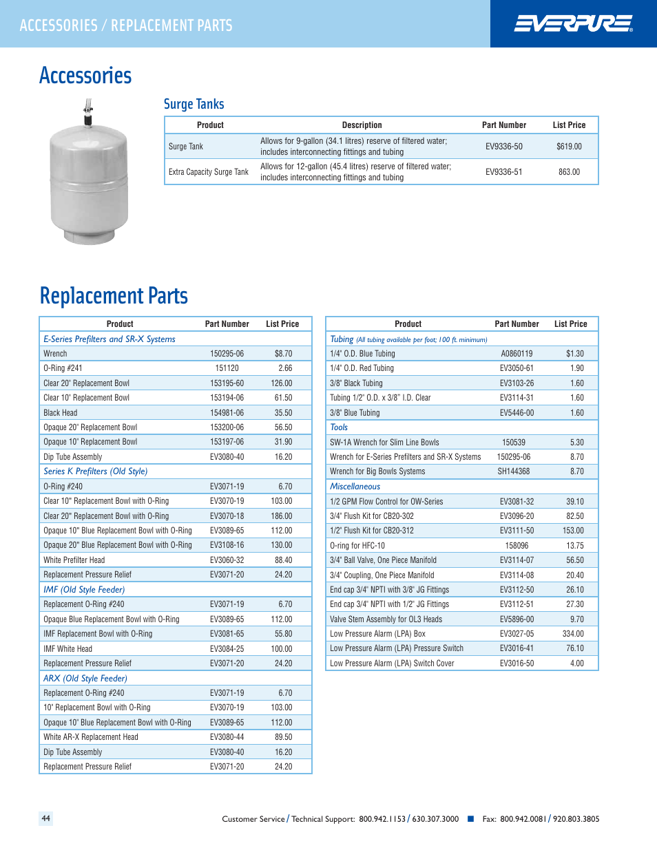 Replacement parts, Accessories, Accessories / replacement parts | Surge tanks | Everpure QC7I Single-MH2 User Manual | Page 46 / 68