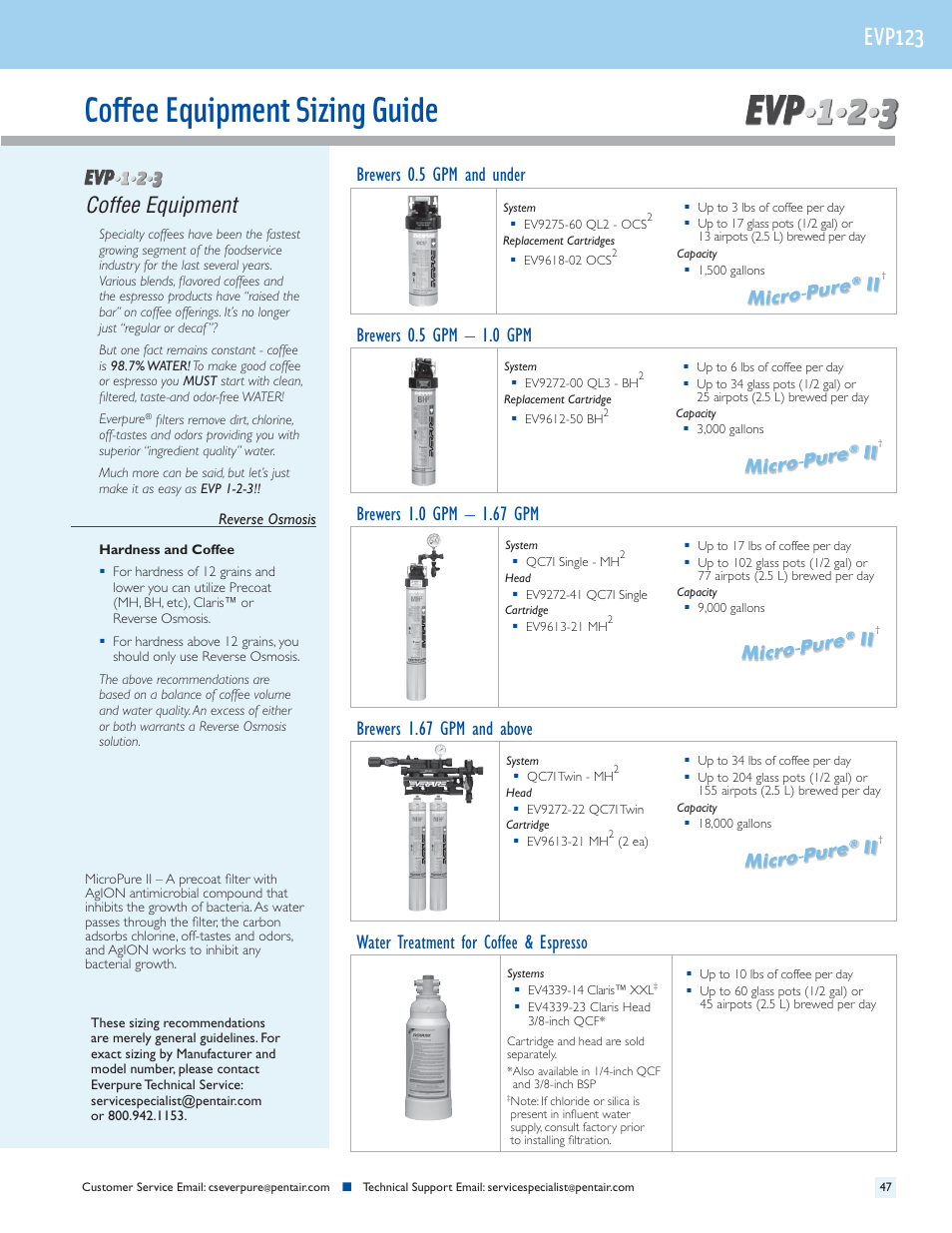 Coffee equipment sizing guide, Evp123, Coffee equipment | Brewers 0.5 gpm and under, Brewers 0.5 gpm – 1.0 gpm, Brewers 1.67 gpm and above, Water treatment for coffee & espresso | Everpure QC7I Single-MH2 User Manual | Page 49 / 68