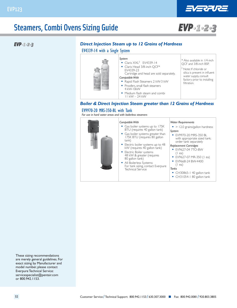 Steamers, combi ovens sizing guide, Evp123, Direct injection steam up to 12 grains of hardness | Everpure QC7I Single-MH2 User Manual | Page 54 / 68