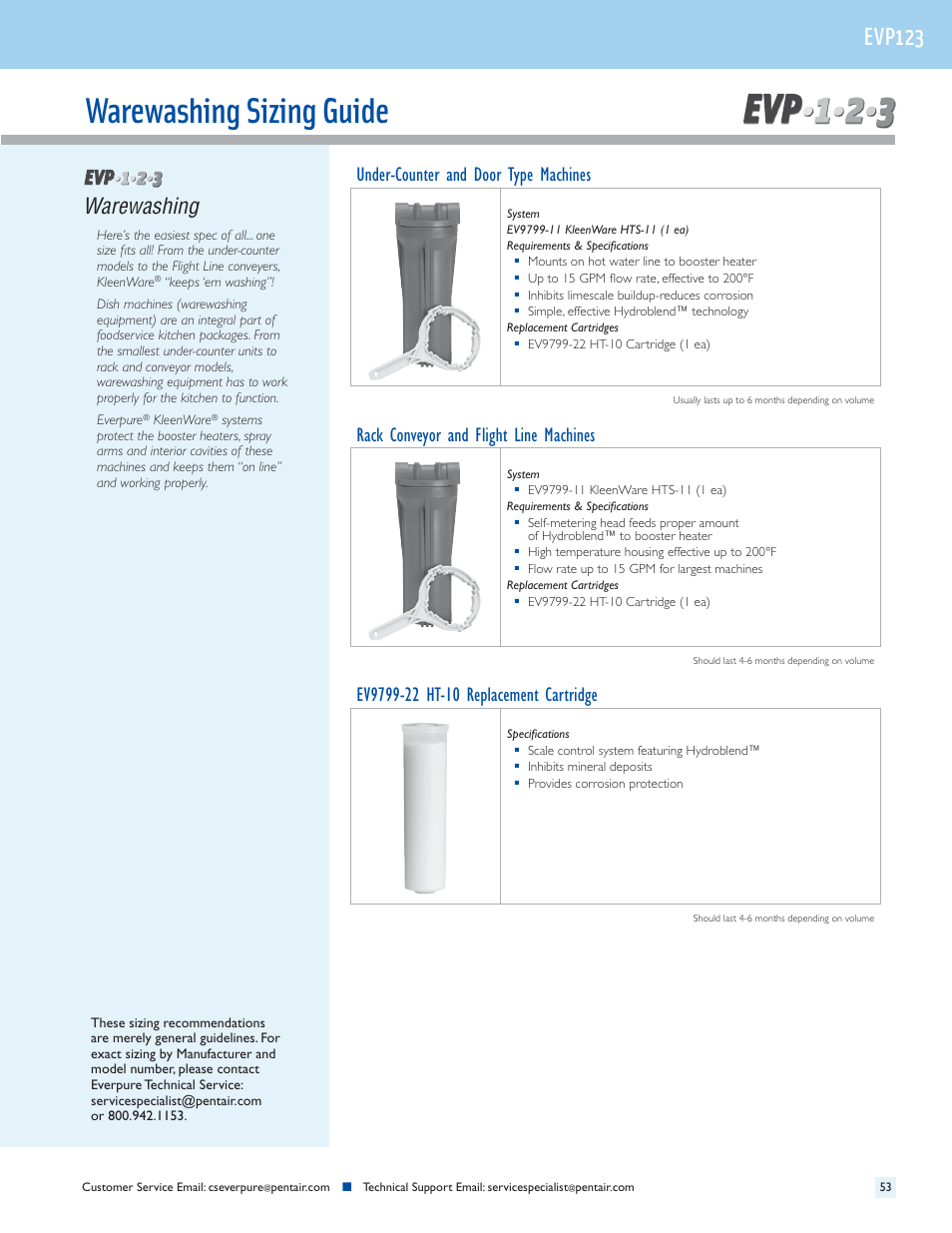 Warewashing sizing guide, Evp123, Warewashing | Under-counter and door type machines, Rack conveyor and flight line machines | Everpure QC7I Single-MH2 User Manual | Page 55 / 68