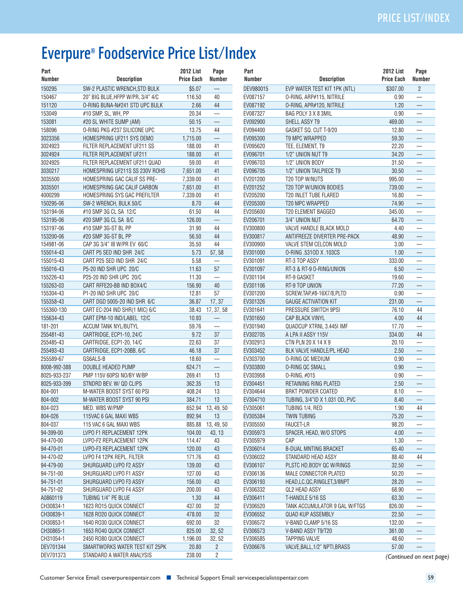 Everpure, Foodservice price list/index, Header price list/index | Everpure QC7I Single-MH2 User Manual | Page 61 / 68