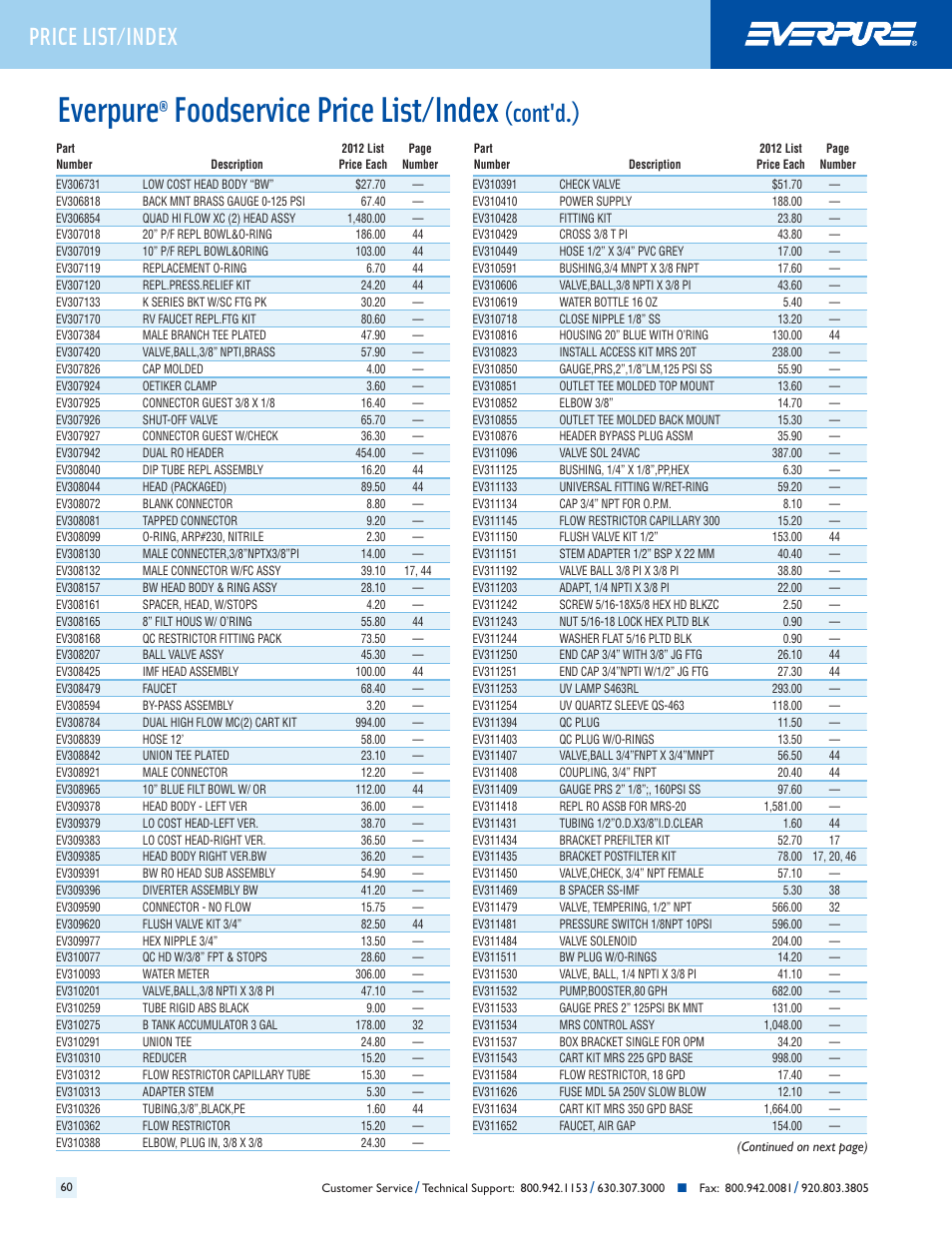 Everpure, Foodservice price list/index, Cont'd.) | Header price list/index | Everpure QC7I Single-MH2 User Manual | Page 62 / 68
