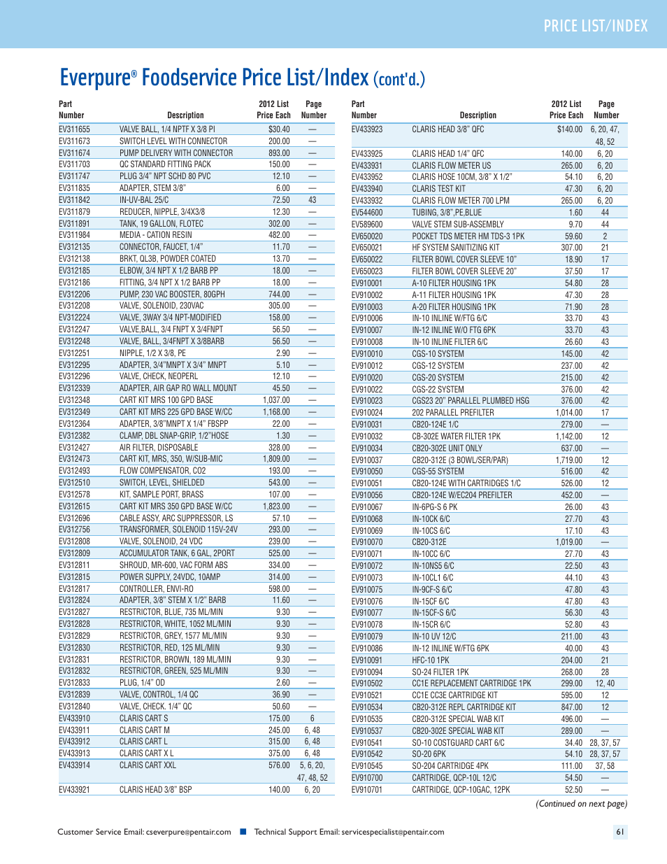 Everpure, Foodservice price list/index, Cont'd.) | Header price list/index | Everpure QC7I Single-MH2 User Manual | Page 63 / 68