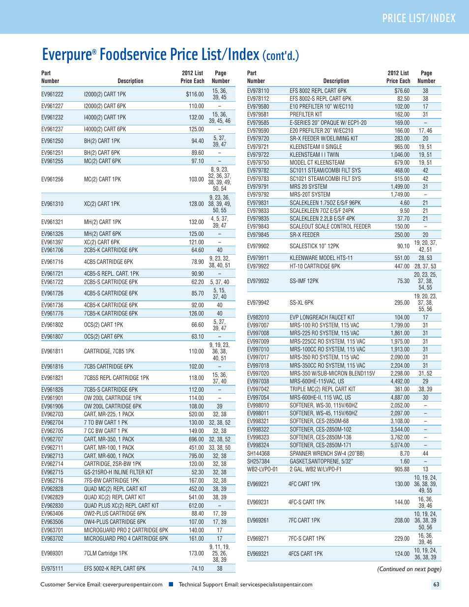 Everpure, Foodservice price list/index, Cont'd.) | Header price list/index, Price list/index | Everpure QC7I Single-MH2 User Manual | Page 65 / 68