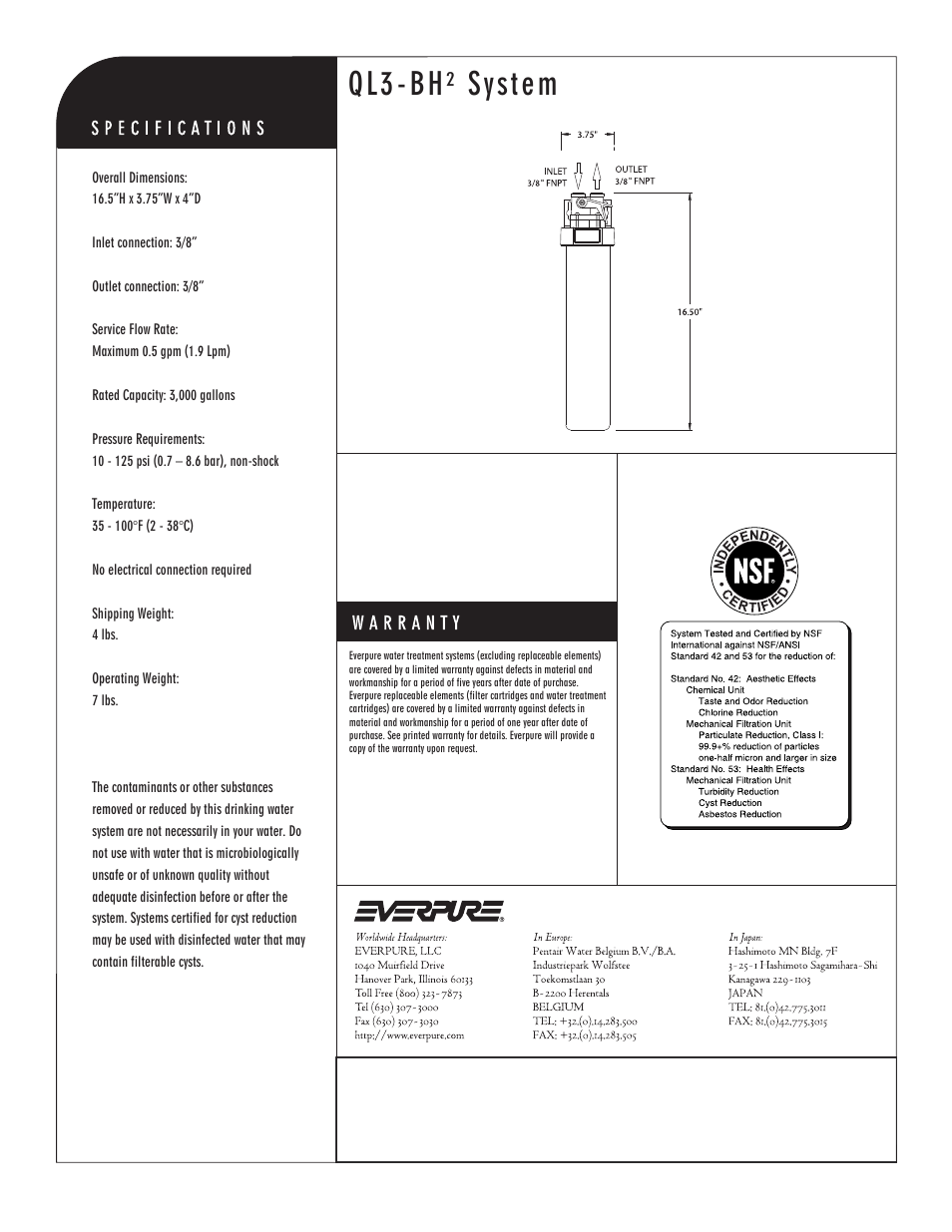 Ql3-bh² system, Bh² precoat replacement cartridge | Everpure EV9272-00 User Manual | Page 2 / 2