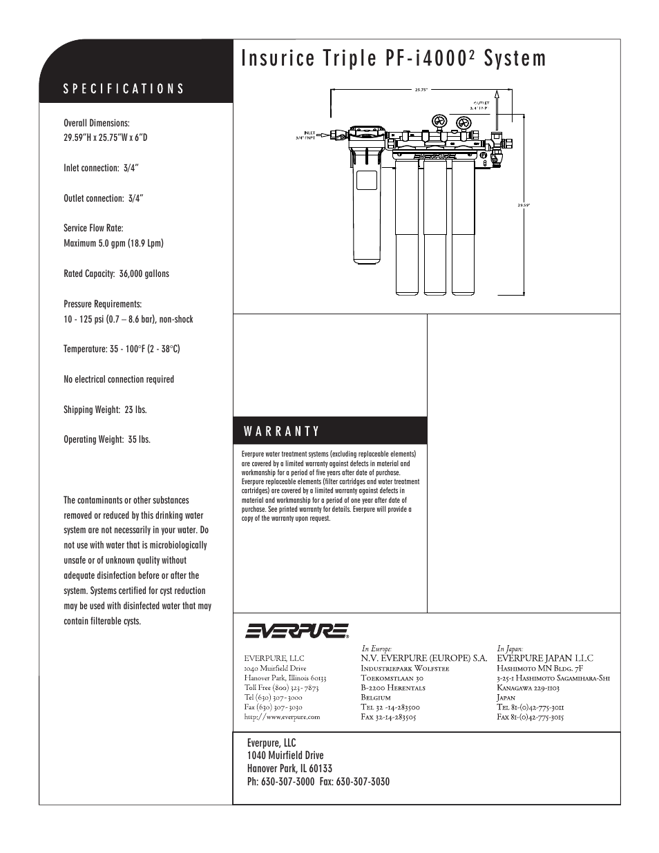 Insurice triple pf-i4000² system, I4000² precoat replacement cartridge | Everpure Insurice Triple PF-i4000 User Manual | Page 2 / 2