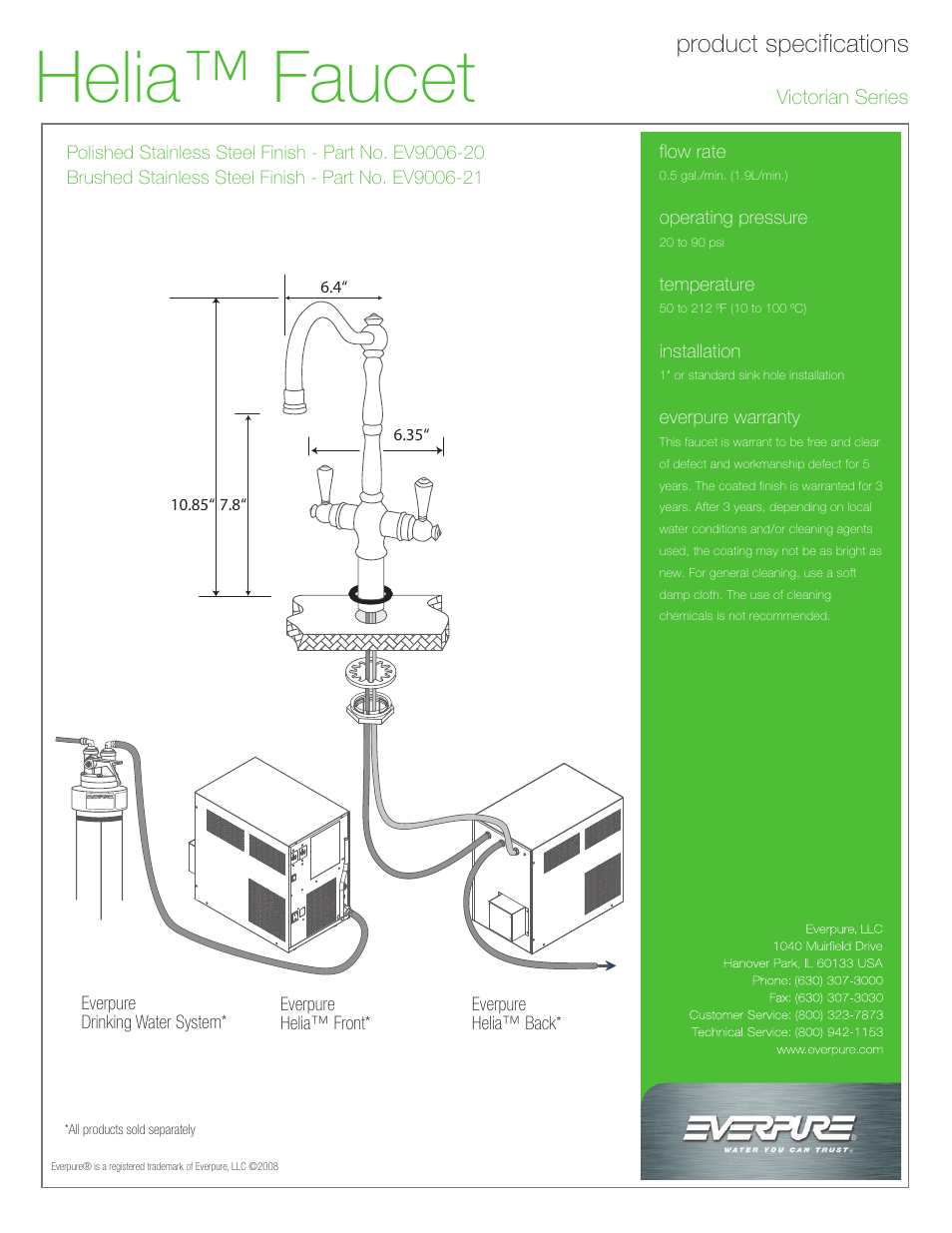 Helia™ faucet, Product specifications | Everpure Helia EV9006-21 User Manual | Page 2 / 2