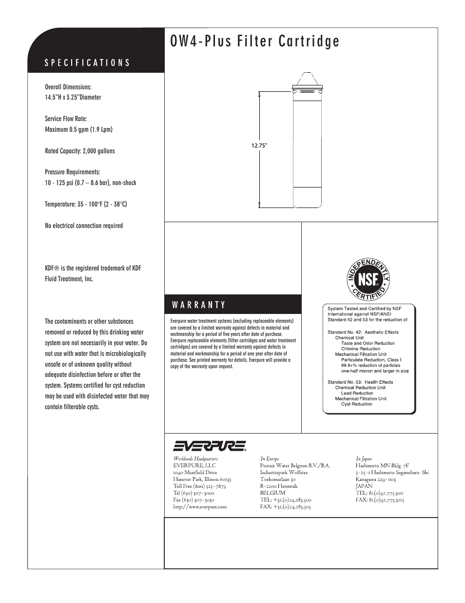 Ow4-plus filter cartridge, Precoat replacement cartridge | Everpure OW4-Plus EV9635-01 User Manual | Page 2 / 2