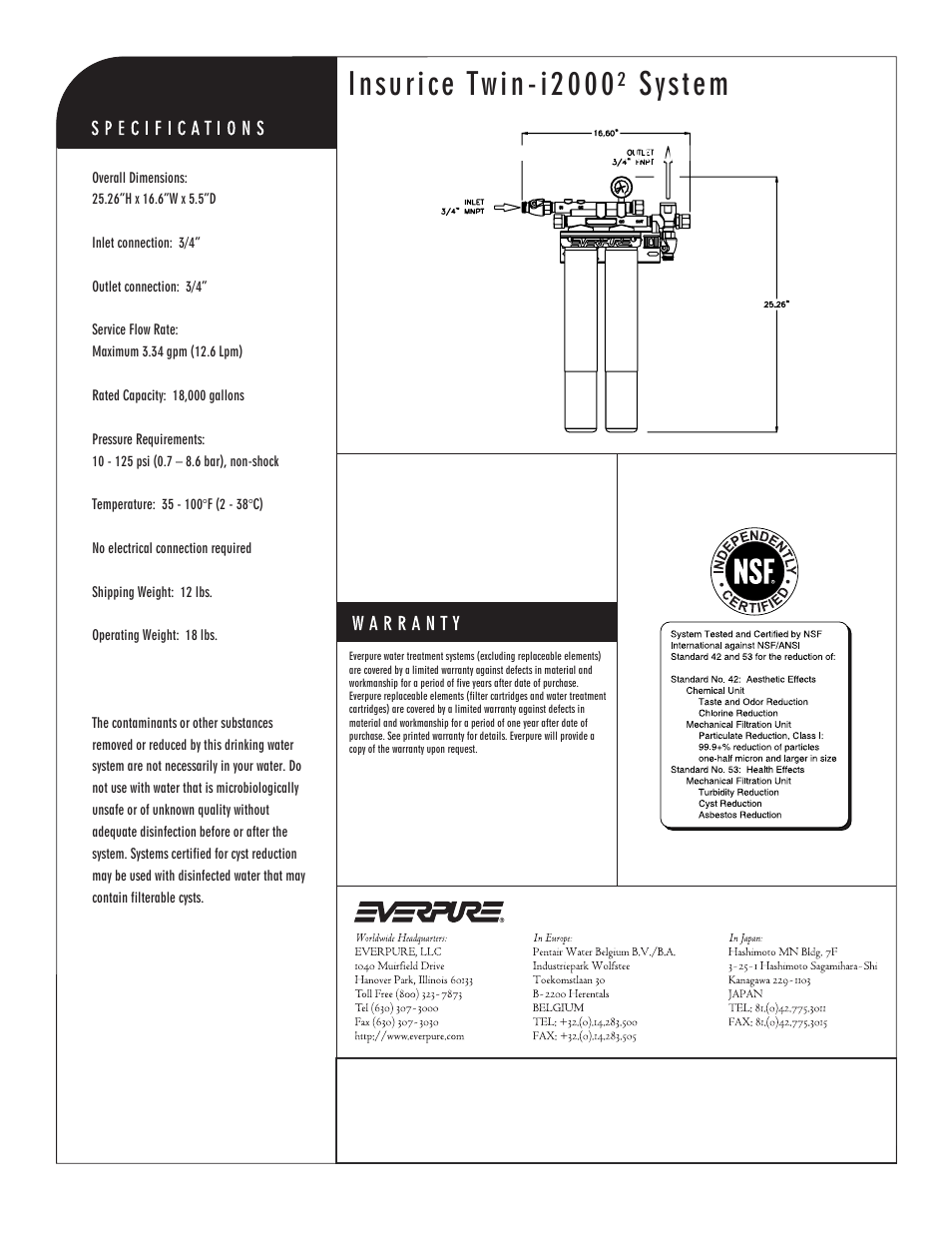 Insurice twin-i2000² system, I2000² precoat replacement cartridge | Everpure Insurice Single-i2000 System EV9612-22 User Manual | Page 2 / 2