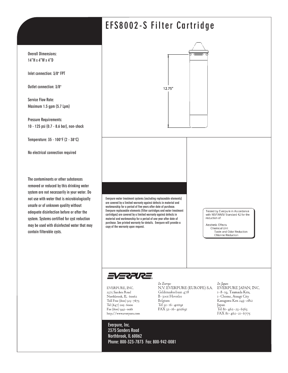 Efs8002-s filter cartridge, Cuno® carbon block replacement cartridge with | Everpure EV9781-12 User Manual | Page 2 / 2