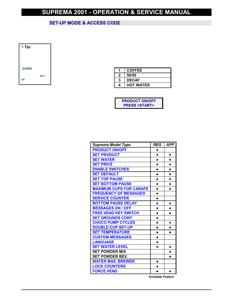 Set-up mode, Acces code, Set-up mode & access code | Set-up, Prov, Suprema 2001 - operation & service manual | Everpure 2001 User Manual | Page 16 / 60