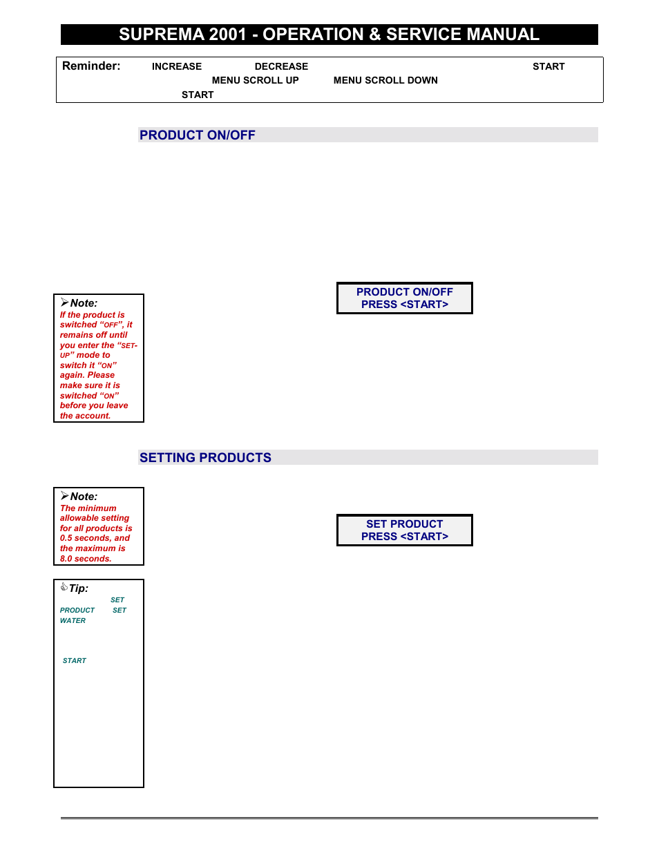 Product on/off, Setting products, Set product | Suprema 2001 - operation & service manual | Everpure 2001 User Manual | Page 17 / 60