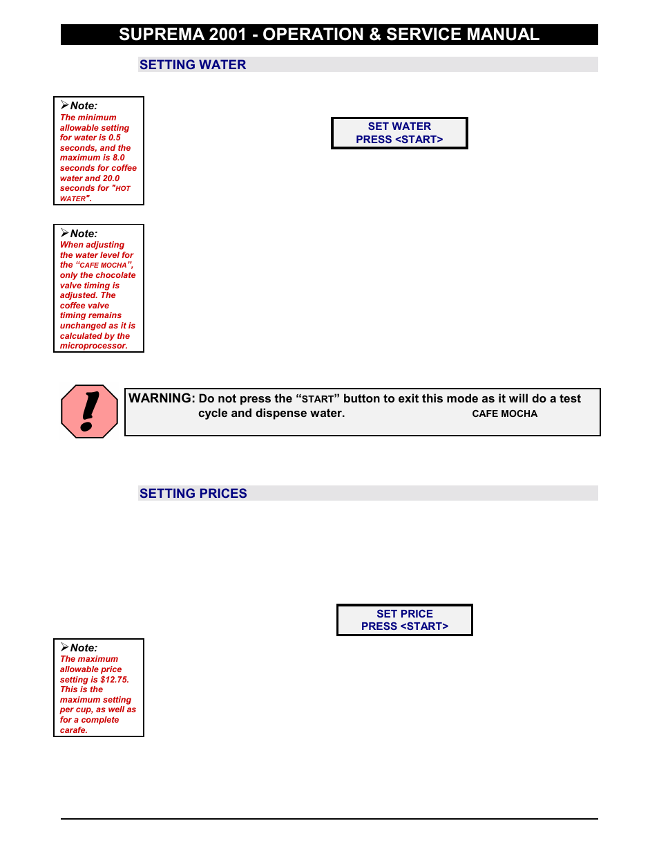 Setting water, Pricing, Setting prices | Set water, Set price, Suprema 2001 - operation & service manual | Everpure 2001 User Manual | Page 18 / 60