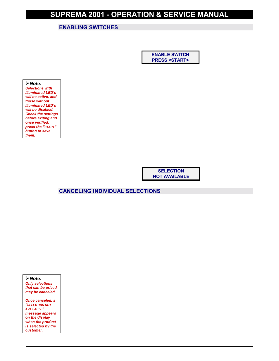 Enabling switches, Canceling individual selections, Enable switch | Enable switches, Suprema 2001 - operation & service manual | Everpure 2001 User Manual | Page 19 / 60