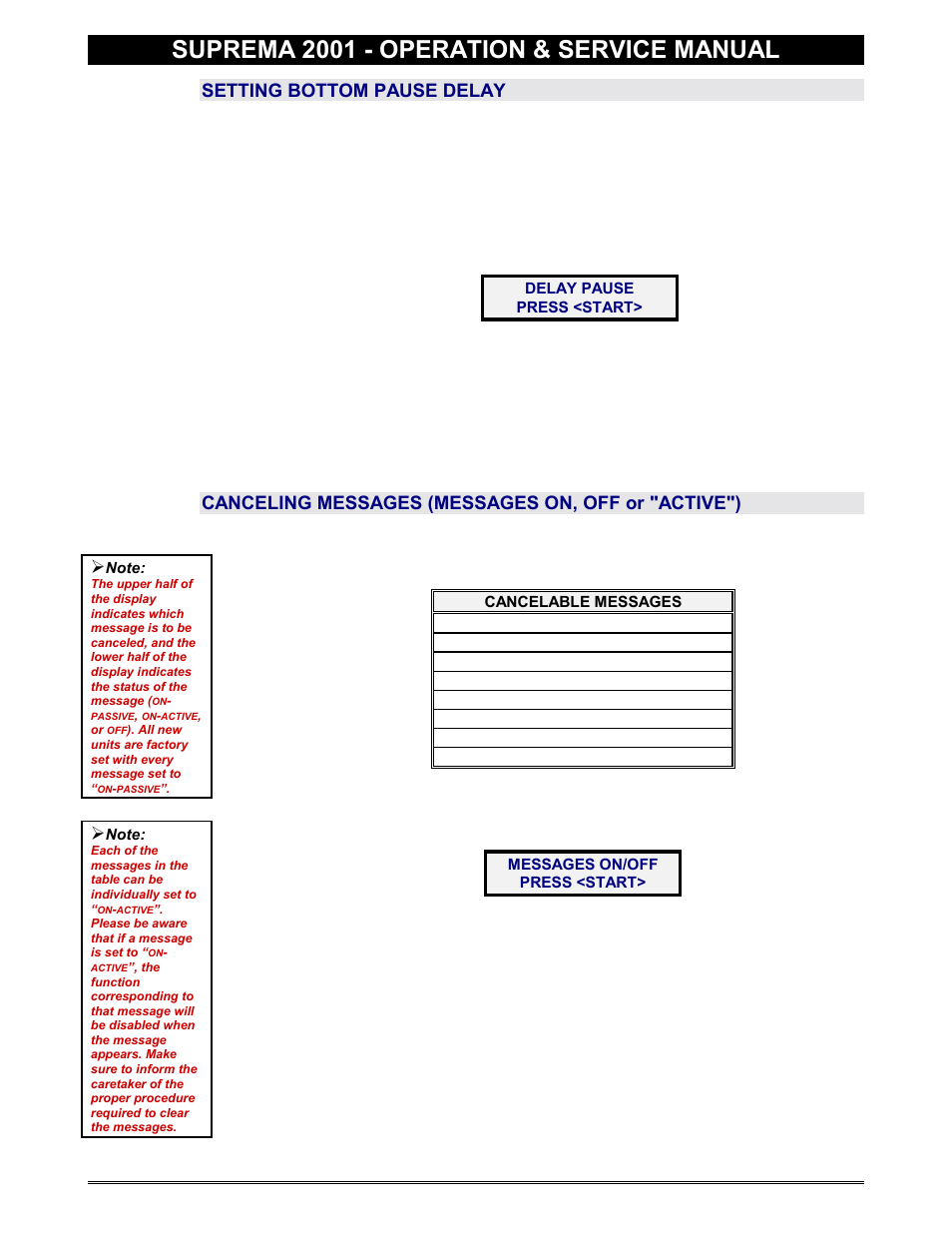 Bottom pause delay, Canceling messages, Messages on / off | Suprema 2001 - operation & service manual, Setting bottom pause delay, Canceling messages (messages on, off or "active") | Everpure 2001 User Manual | Page 23 / 60