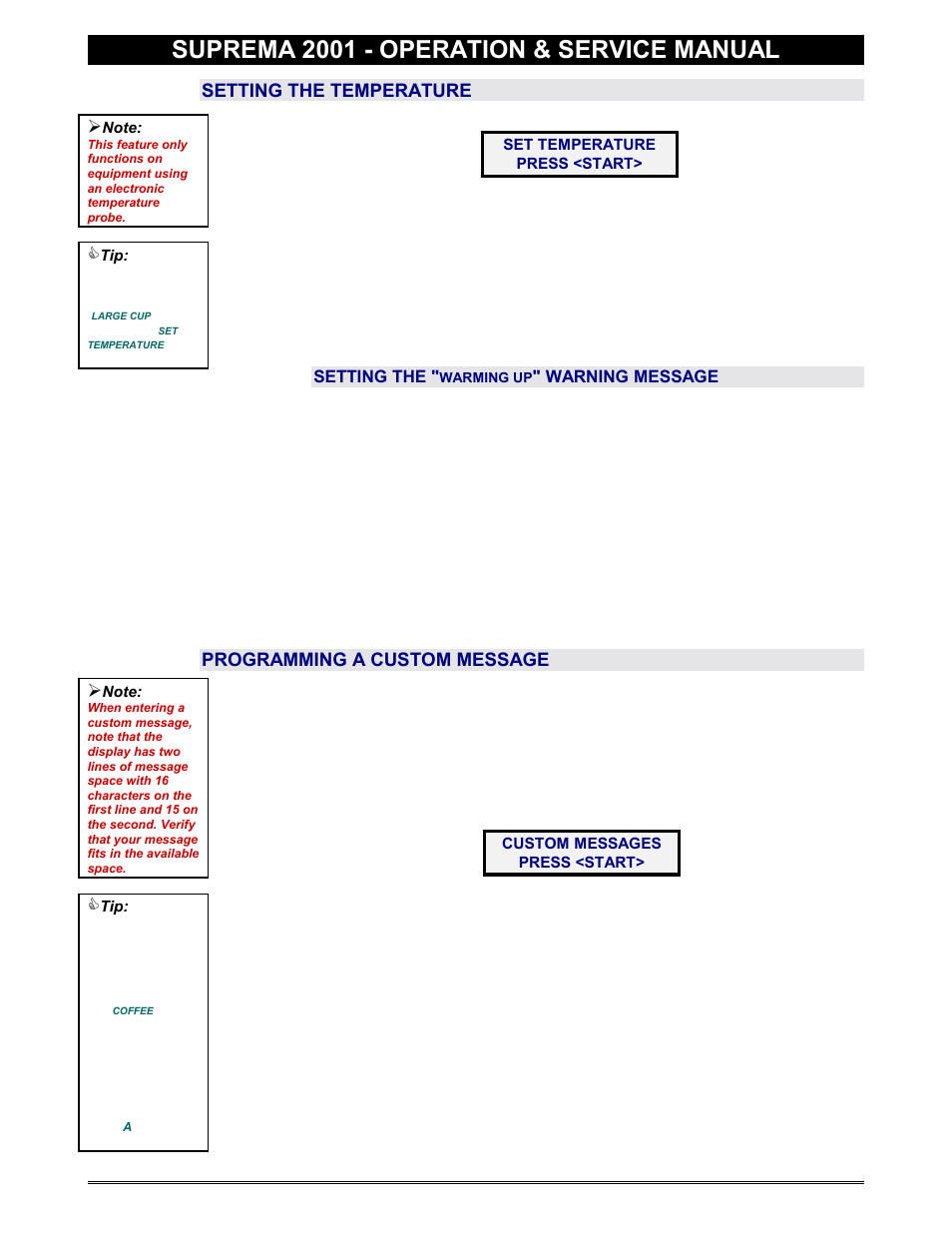 Temperature, Warming up" message, Custom message | Set temperature, Custom messages, Suprema 2001 - operation & service manual | Everpure 2001 User Manual | Page 26 / 60