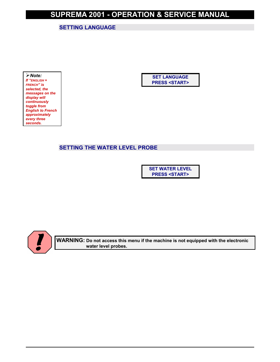 Language, Water level probes, Water level probe | Set water level, Suprema 2001 - operation & service manual | Everpure 2001 User Manual | Page 27 / 60