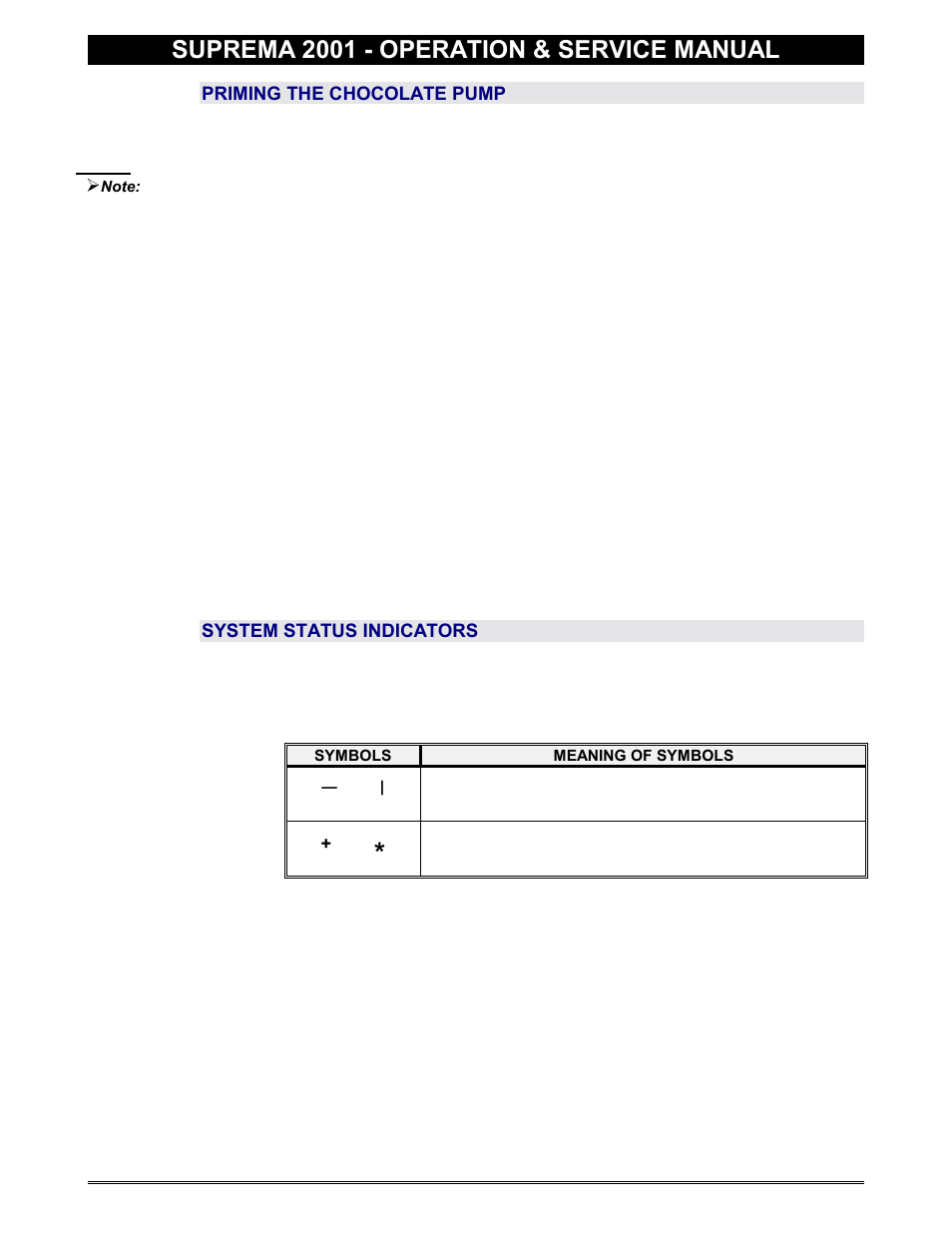 Priming the chocolate pump, System status indicators, Suprema 2001 - operation & service manual | Everpure 2001 User Manual | Page 31 / 60