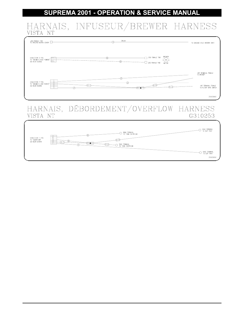 Brewer harness, Overflow harness, Temperature probe | Chocolate pump harness, Electrical diagram, Temperature probe harness, Suprema 2001 - operation & service manual | Everpure 2001 User Manual | Page 55 / 60
