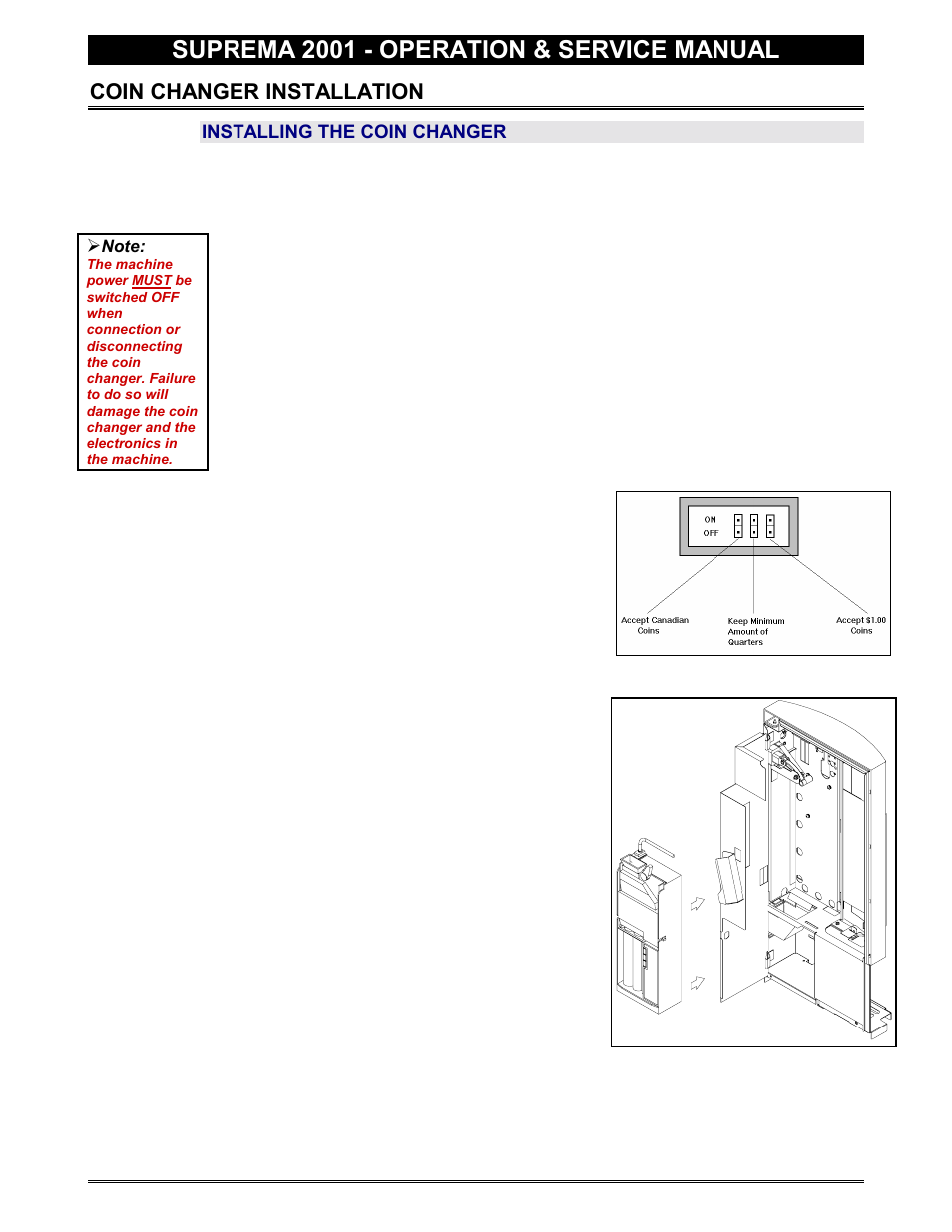 Coin changer installation, Installing the coin changer, Suprema 2001 - operation & service manual | Everpure 2001 User Manual | Page 58 / 60