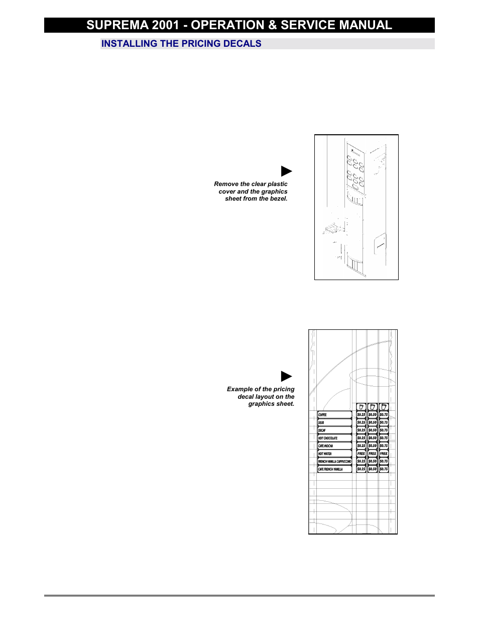 Pricing decals, Installing the pricing decals, Suprema 2001 - operation & service manual | Everpure 2001 User Manual | Page 59 / 60