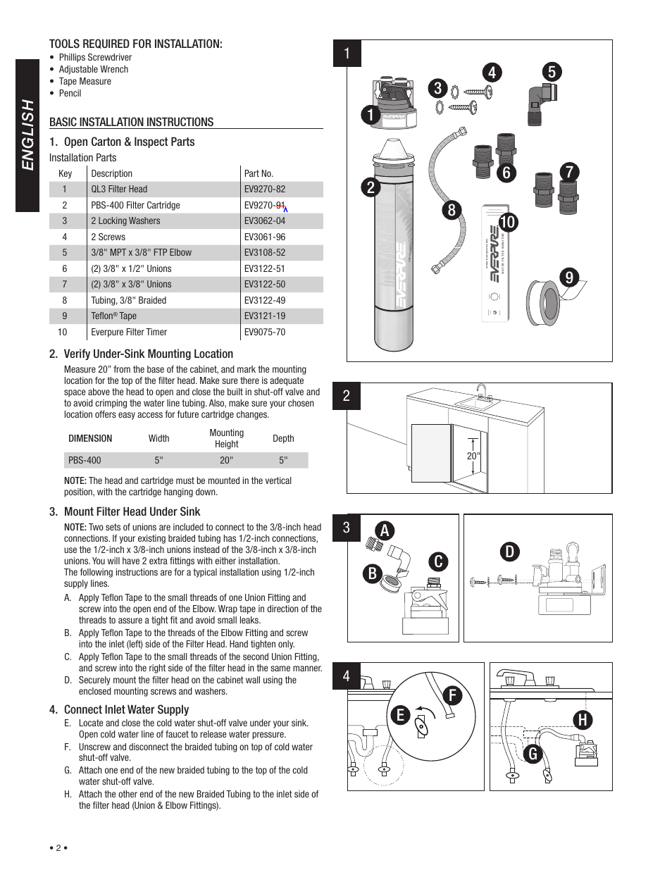 Ef g h, Da c b, En g l is h | Everpure PBS400 User Manual | Page 2 / 8