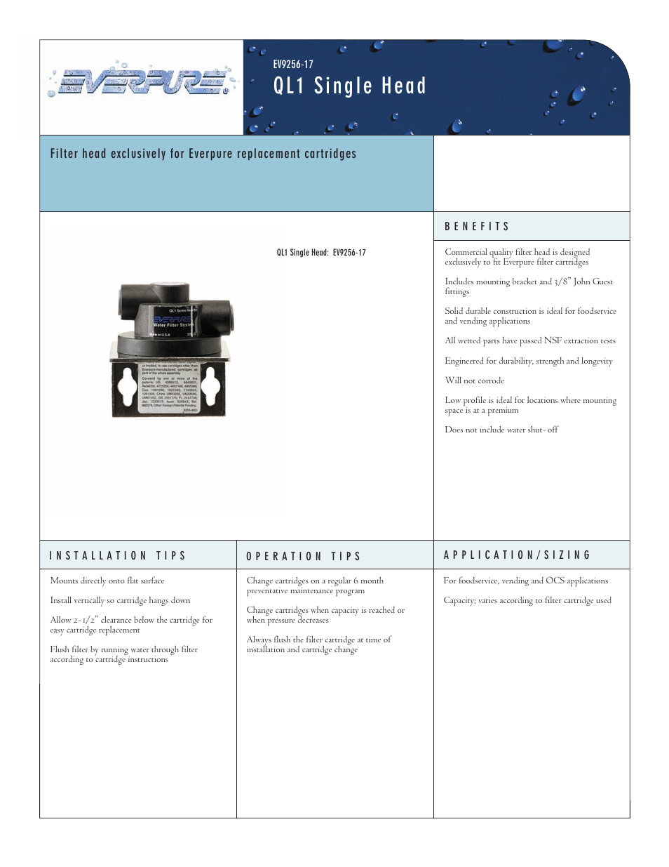 Everpure QL1 Single Head EV9256-17Q User Manual | 2 pages