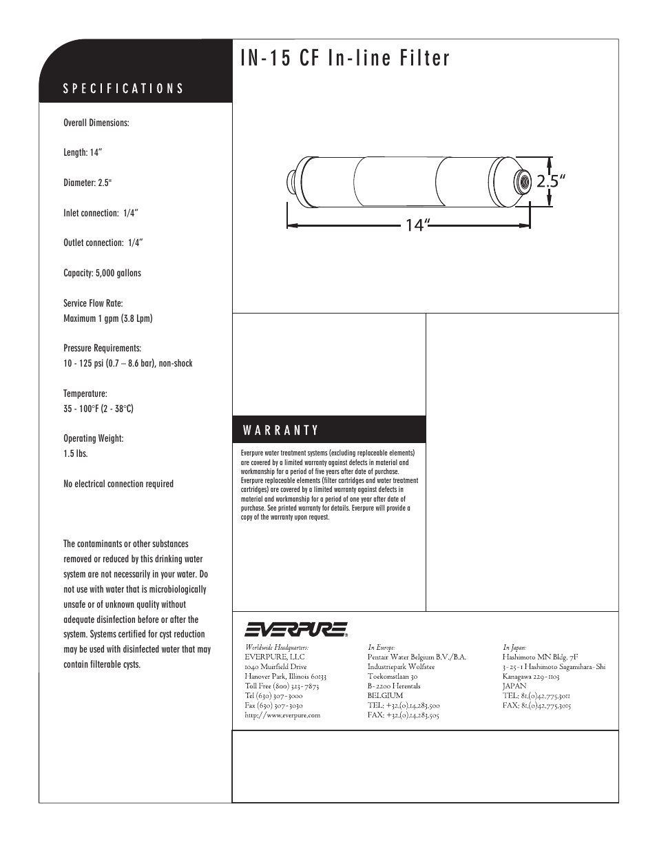 In-15 cf in-line filter, In-line filter | Everpure IN-15 CF EV9100-76 User Manual | Page 2 / 2