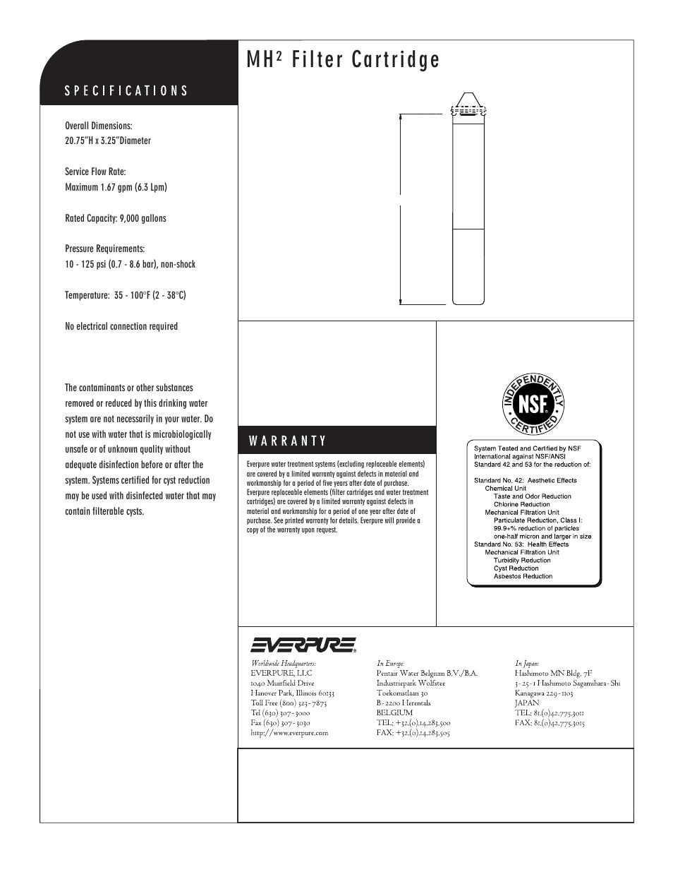 Mh² filter cartridge, Mh² precoat replacement cartridge | Everpure MH2 EV9613-21 User Manual | Page 2 / 2