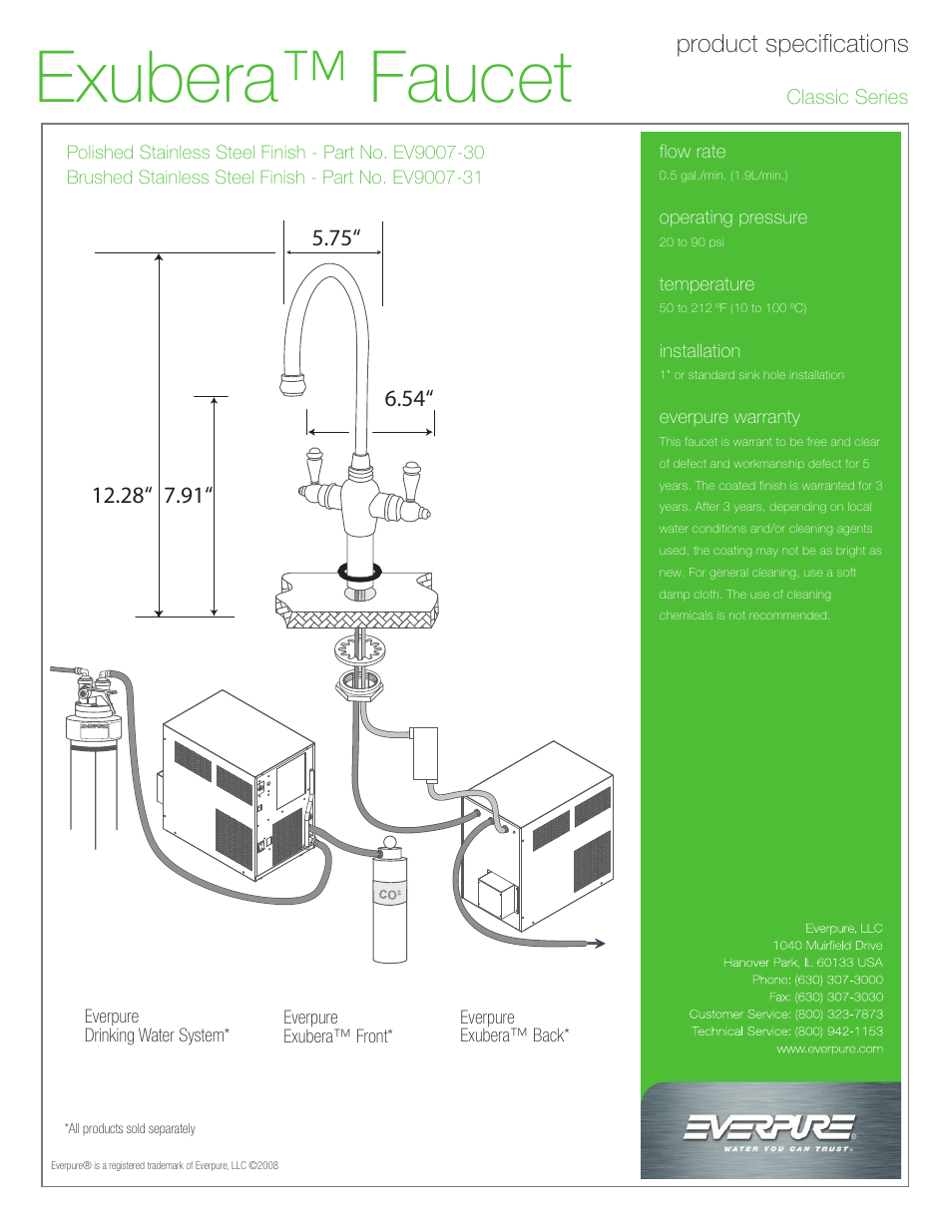 Exubera™ faucet, Product specifications | Everpure Exubera EV9007-31 User Manual | Page 2 / 2