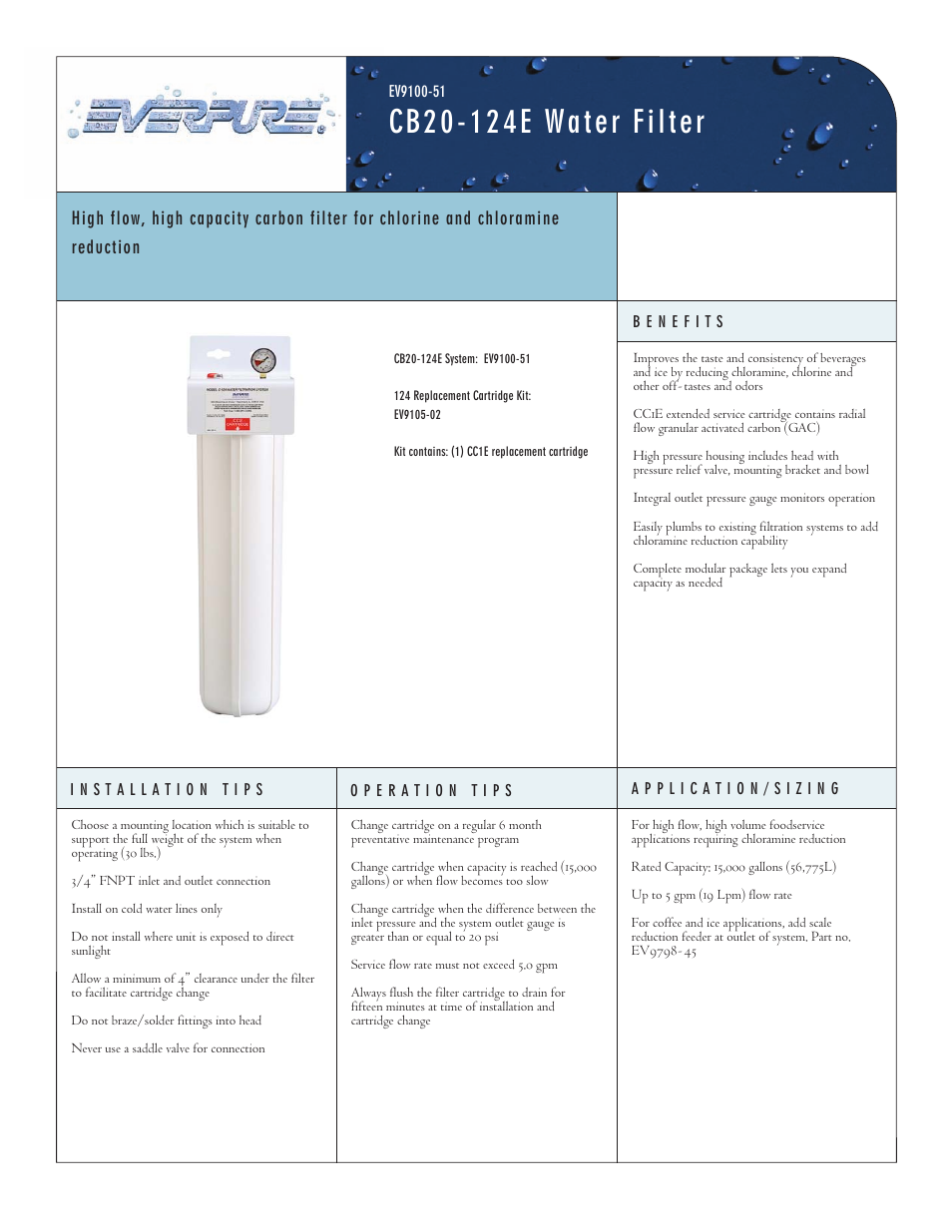 Everpure CB20-124E Water Filter EV9100-51 User Manual | 2 pages