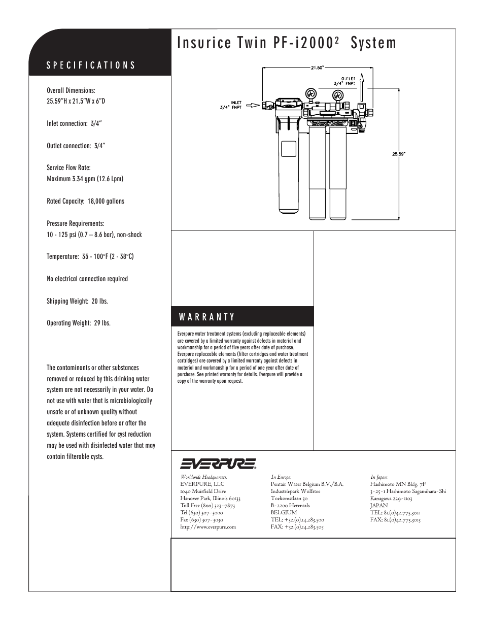 Insurice twin pf-i2000² system, I2000² precoat replacement cartridge | Everpure EV9324-22 User Manual | Page 2 / 2