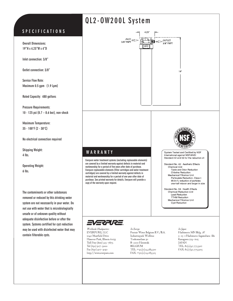 Ql2-ow200l system, Ow200l precoat replacement cartridge | Everpure OW200L User Manual | Page 2 / 2