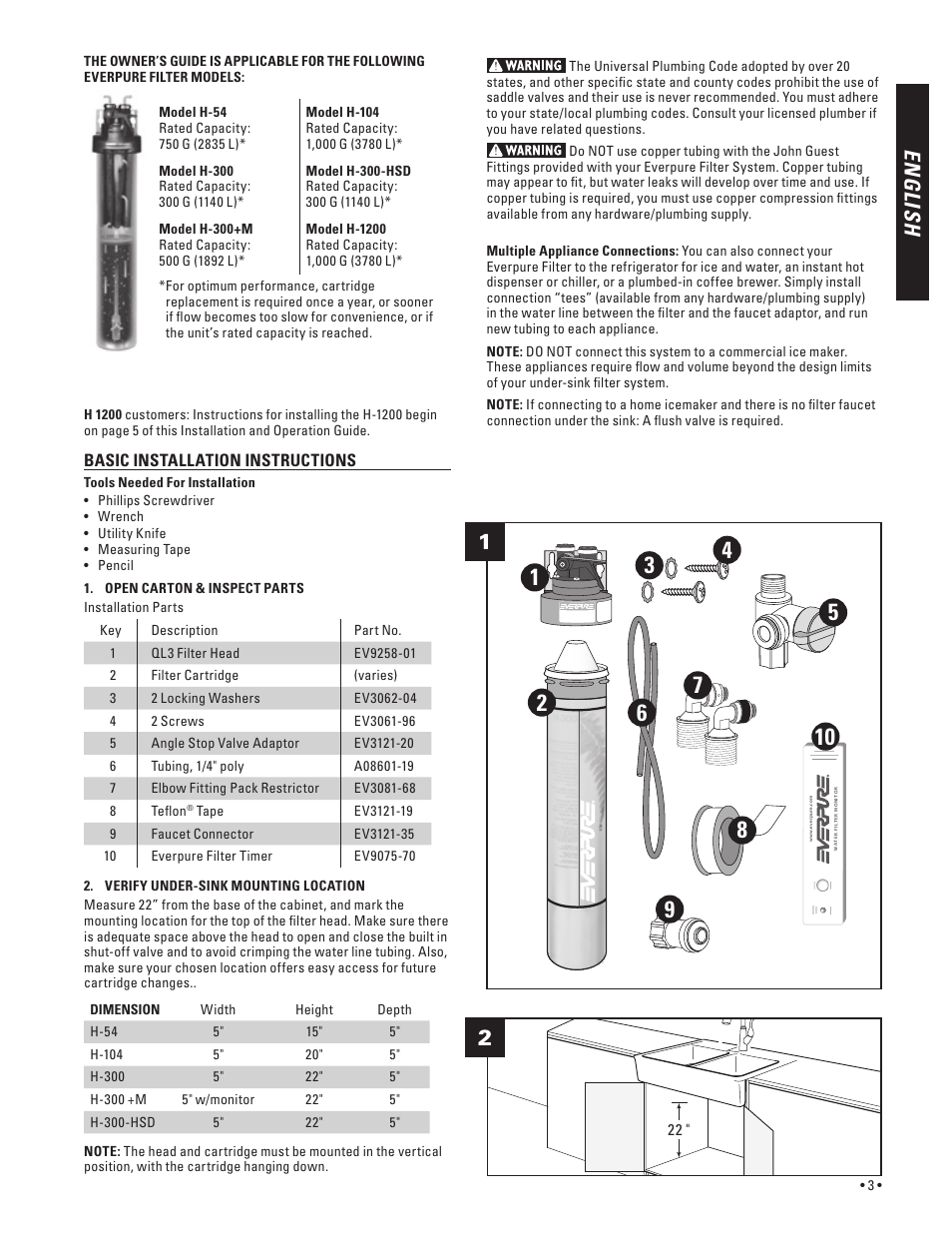 En g lis h, Basic installation instructions | Everpure H-300 User Manual | Page 3 / 16