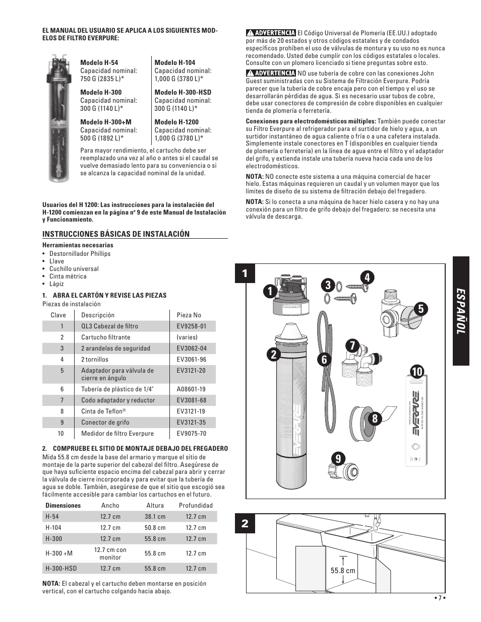 Es pa ñ o l | Everpure H-300 User Manual | Page 7 / 16